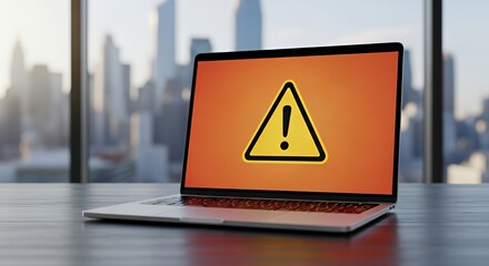 Modern Laptop Displaying Yellow Warning Sign on Orange Screen in City Office