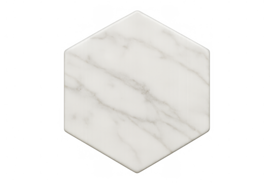 White marble tile with hexagonal shape, featuring subtle grey veins, isolated on a transparent background, perfect for interior design visualizations