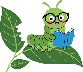 Cute caterpillar reading a book, nature education illustration, cartoon insect on leaf, green character design, playful learning concept, vector art