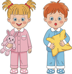 Cute children in colorful pajamas holding stuffed toys, happy bedtime moment, nursery illustration, perfect for children's sleepwear and storytelling