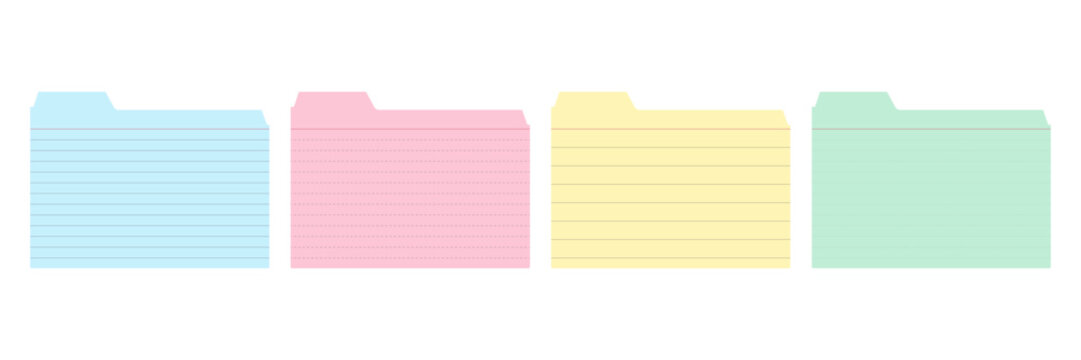 Colorful index card set for study notes and data organization. Blank lined pastel flashcards for learning and information display. Vector