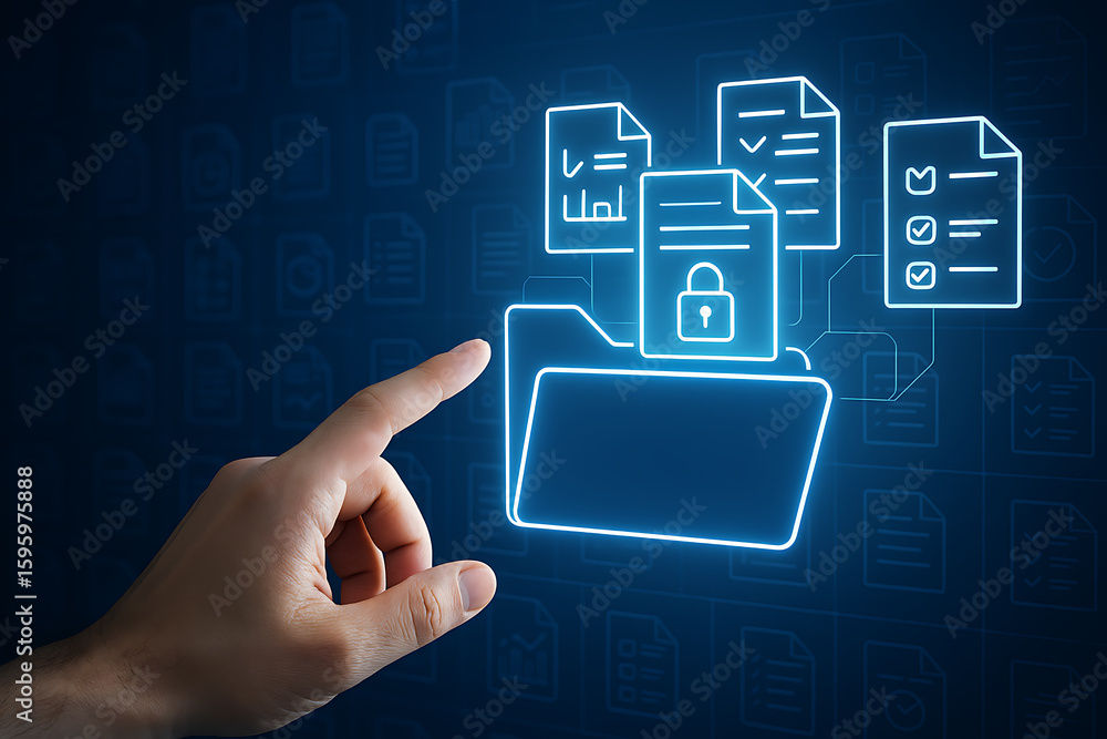 Poster cybersecurity concept with locked documents and digital folder