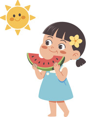 Smiling sun and girl eating watermelon, summer fun illustration, outdoor kids cartoon, healthy fruit snack, cheerful child vector, nature artwork