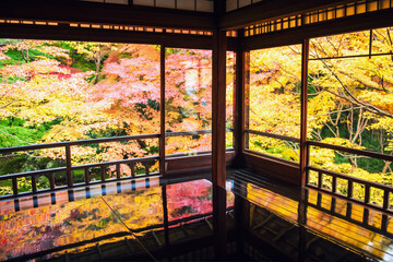 Rurikoin Temple upper floor room with autumn leaf colors, Kyoto