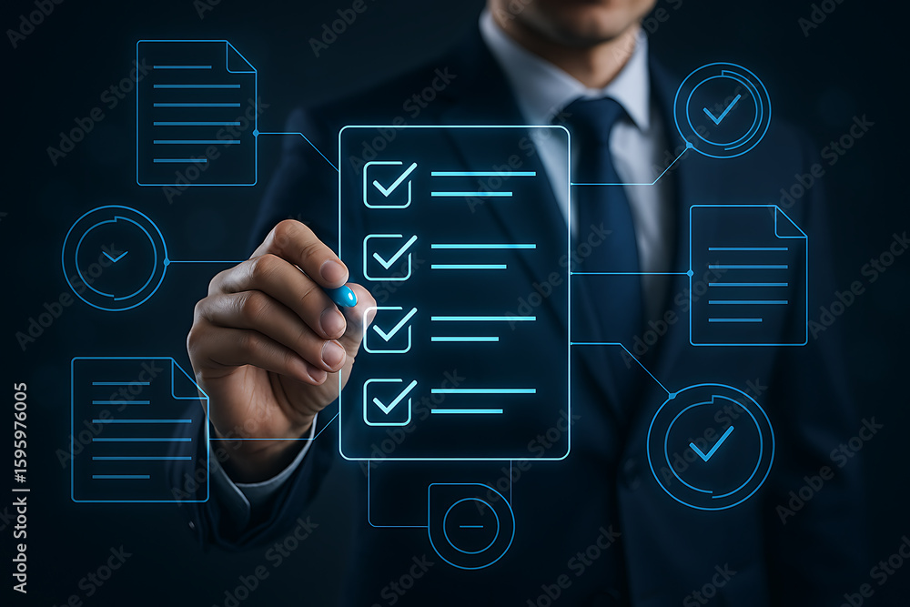 Poster digital checklist management and task completion for business efficiency