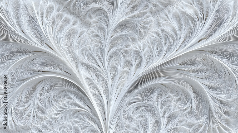 Poster an abstract white pattern featuring feather-like shapes with complex and delicate details, suitable 