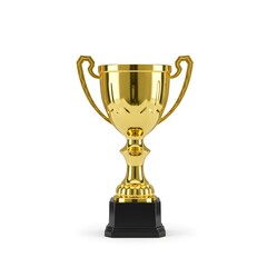A shiny golden trophy cup placed against a plain white background, symbolising success and achievement. Ideal for design use in award concepts, promotions, or print materials.