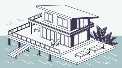 Modern Waterfront House Illustration with Deck Chairs and Water Access.