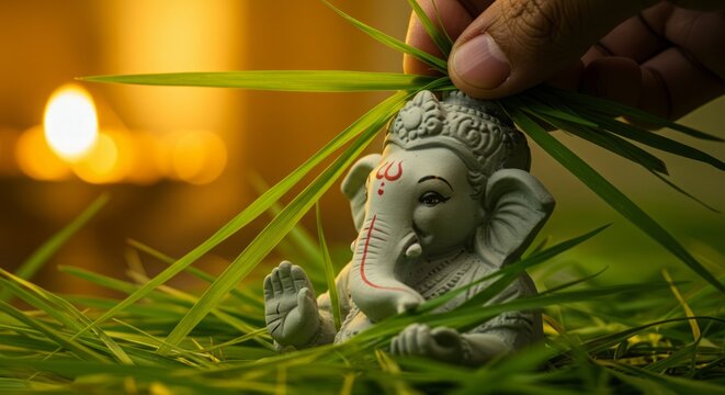 Earthy green to gold gradient with close-up of Durva being placed on Shivling or Ganesha idol