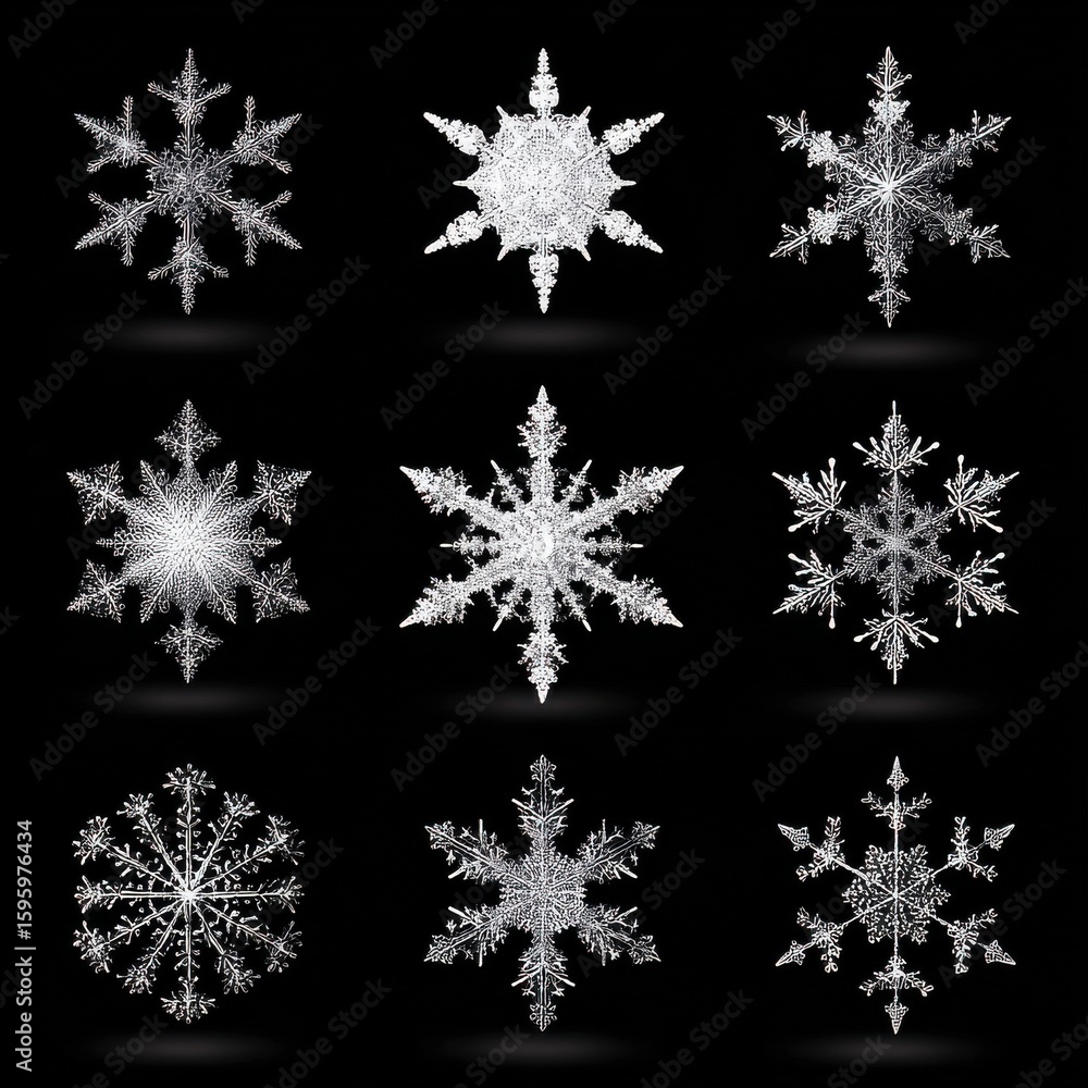 Poster this image showcases a variety of detailed and unique snowflake designs, highlighting their intricat