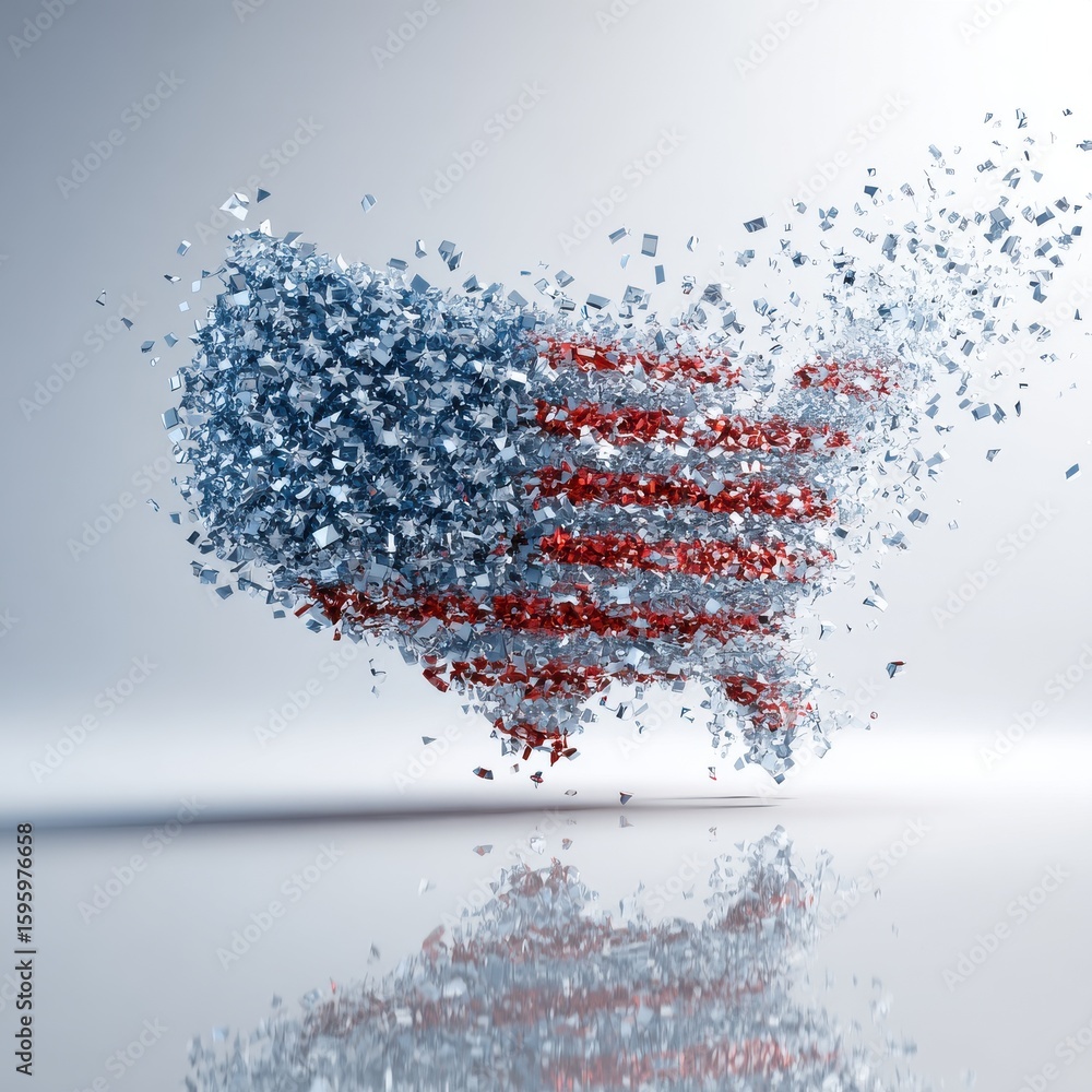 Poster an abstract 3d render showing the american flag composed of fragmented elements in red, white, and b