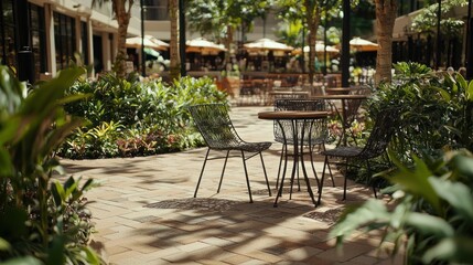 Obraz premium Outdoor patio area with stylish furniture and lush greenery.