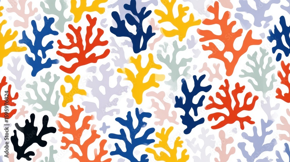Poster a vibrant design featuring colorful coral shapes in various hues, creating an abstract and artistic 