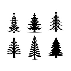 set of christmas trees black silhouette vector with white vector.