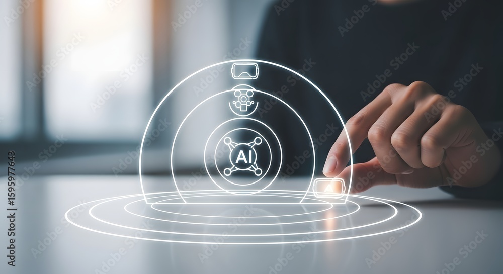 Poster ai interaction hand engaging with holographic interface for advanced technology control and modern c