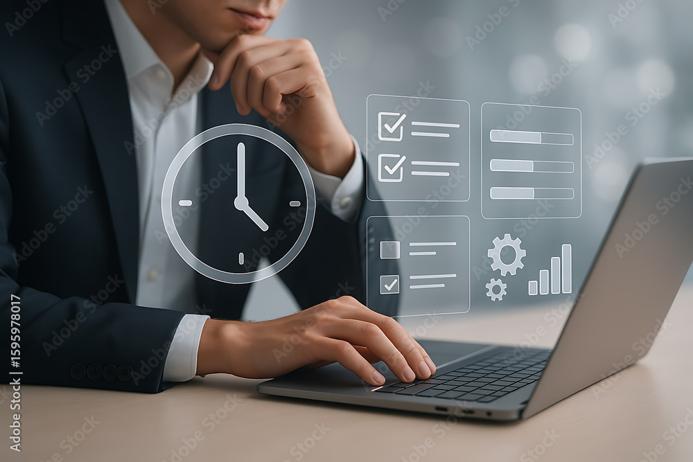 Poster businessman managing time and productivity with digital task interface