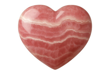 Pink rhodochrosite mineral displaying heart-shaped form, revealing layered geological patterns against transparent backdrop