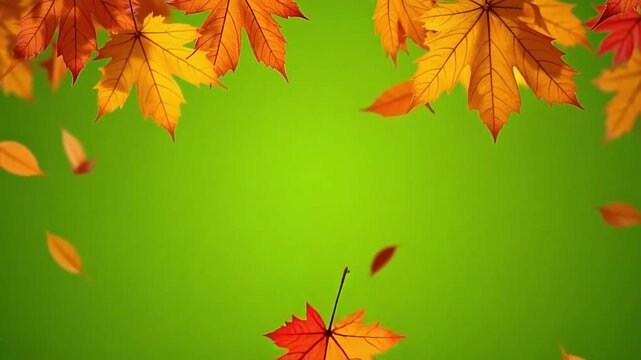 Autumn leaves gently falling on a vibrant green backdrop, seasonal transition and nature's beauty