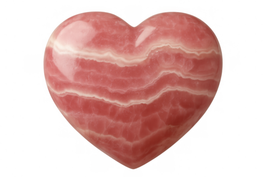 Pink rhodochrosite mineral displaying heart-shaped form, revealing layered geological patterns against transparent backdrop