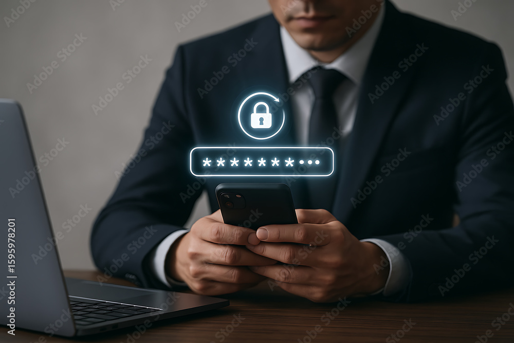 Poster businessman using smartphone for secure login and password protection concept