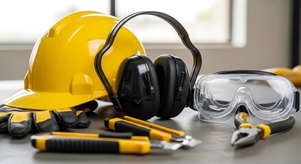 Fototapeta premium Yellow hard hat safety gear safety glasses ear protection