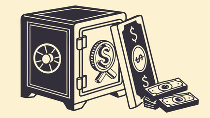 Stylized Safe with Open Door and Money Stacks Illustration.