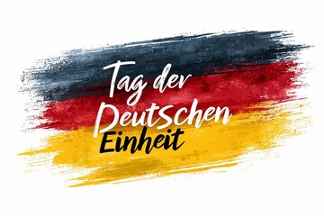 Watercolor Tag der Deutschen Einheit hand-lettered text over a brush-painted German flag in black, red, and gold on a clean white background