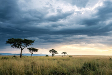 African Savannah Sunset with Acacia Trees in Wide Landscape