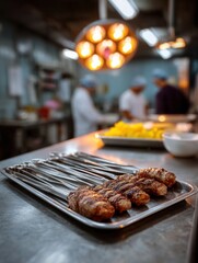 Barbecue Pork Ribs Serving on a Commercial Kitchen Counter with Chefs Preparing Food in the Background