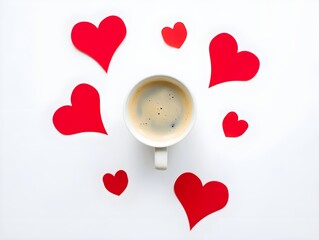 A Warm Cup of Coffee Surrounded by Red Hearts on a White Background