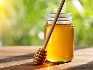 Pure Natural Golden Honey Dripping from Wooden Dipper into Glass Jar with Green Nature Background