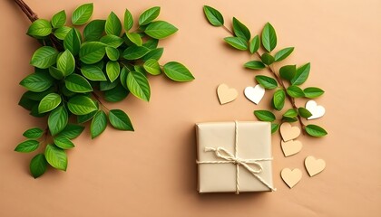Elegant Gift Presentation with Natural Greenery and Heart Embellishments on a Warm Beige Background