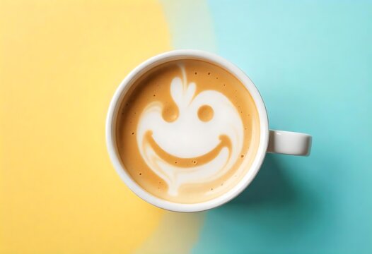 Generative AI: Whimsical Coffee Art, A latte with a cheerful smiley face design on a dual toned