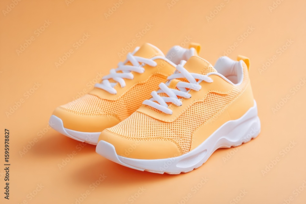 Poster crisp image of modern sports sneakers neatly aligned on solid color background with ample copy space