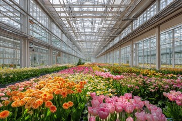 Long greenhouse filled with colorful flowers