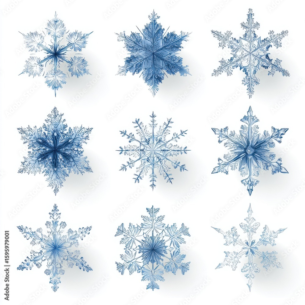 Poster nine blue snowflakes with various intricate hexagonal patterns, representing winter and cold weather