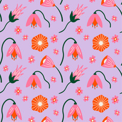 Tropical summer floral plants seamless vector pattern with colorful abstract exotic spring flowers illustration elements in cartoon funky groovy style for wrapping paper, textile, wallpaper, fabric