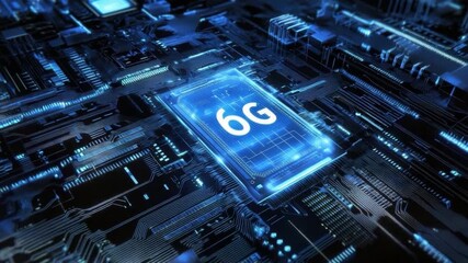 Futuristic Technology Concept Featuring Circuit Board Design with 6G Network Text and Neon Blue Lights - Powered by Adobe