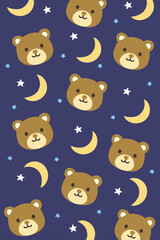 Seamless pattern of cute bears, crescent moons, and stars on a dark blue background. Perfect for bedtime-themed designs, nursery prints, or pajamas.