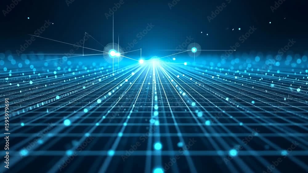 Poster futuristic digital network visuals with glowing data grid and light particles