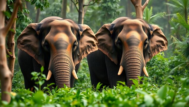 Two elephants standing closely together in a lush green forest environment looking at the viewer
