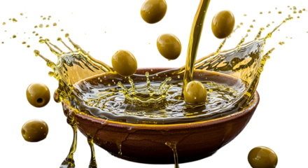 Olive oil splash with falling olives liquid pouring