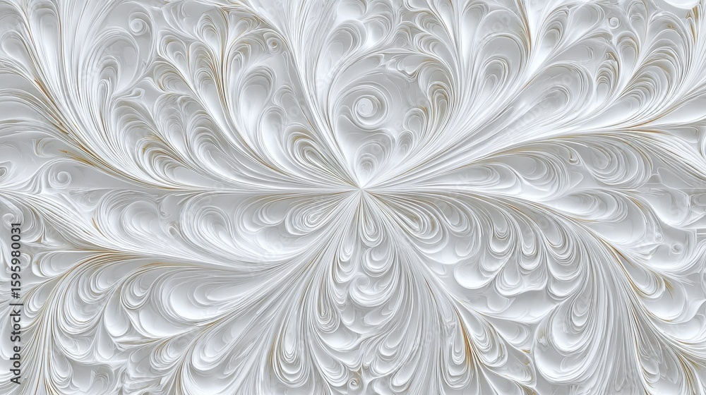 Poster this image features an intricate white floral pattern with curved design elements, showcasing a deta