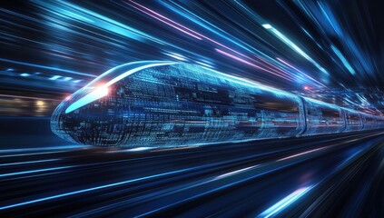 A high-speed train in motion, made of digital data and code. The background is dark blue with light streaks and lights. In the foreground,