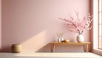 Decorative cherry blossom arrangement in minimalist living room modern interior design bright natural light aesthetically pleasing view