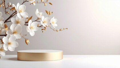 Elegant white blossoms on minimalist display floral arrangement modern interior natural light aesthetic concept for home decor