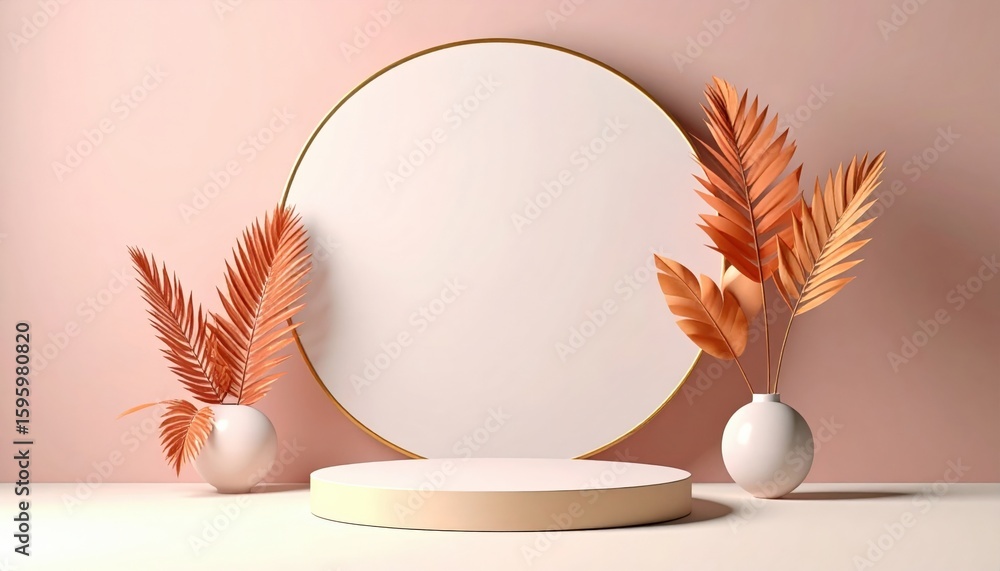 Poster creating elegant minimalist decor with dried plants and circular frames in a soft pink studio enviro