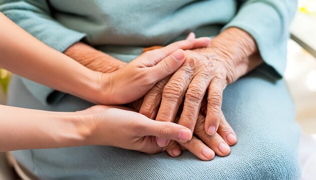 Profound moment of care, connection, and compassion between a caregiver and an elderly person.