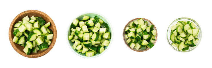 Cucumber isolated on white background. Slice of cucumber on white background. Fresh organic green cucumbers. Vegan. Ingredient for salad. Farm vegetables.
