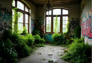 a destroyed abandoned room with grafittis and plants growing there; lost place
